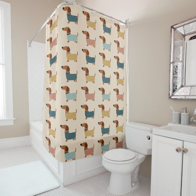 Cozy Dachshund Sweater Pattern Shower Curtain (In Situ)