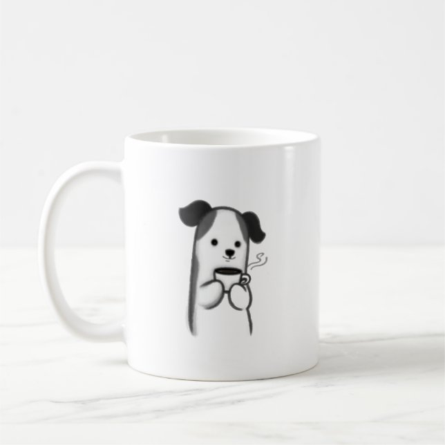 Cozy Dog with Coffee Mug | Minimalist Line Art Pet (Left)