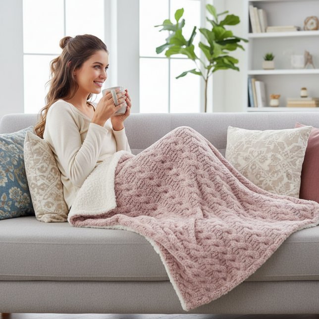 Cozy Dusty Rose Faux Cable Knit Pattern Sherpa Blanket (Creator Uploaded)