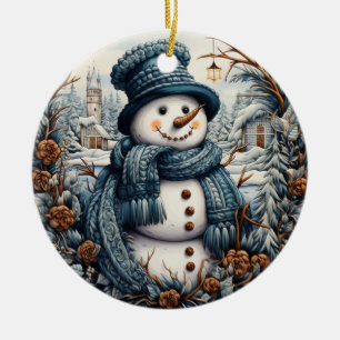 Cozy Embroidery Snowman Christmas – Holiday Ceramic Ornament