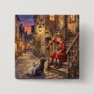 Cozy Evening Girl and Dogs Vintage Street 15 Cm Square Badge