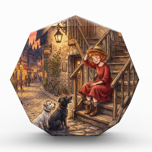 Cozy Evening Girl and Dogs Vintage Street Photo Block