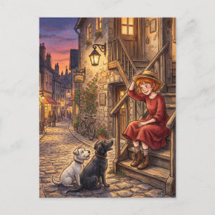 Cozy Evening Girl and Dogs Vintage Street Postcard