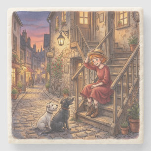 Cozy Evening Girl and Dogs   Vintage Street Stone Coaster