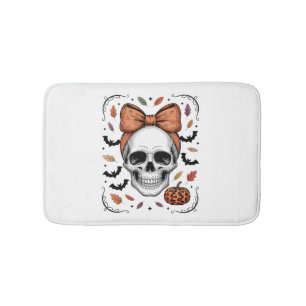 Cozy Fall Skull Coquette Bow, Autumn Bath Mat