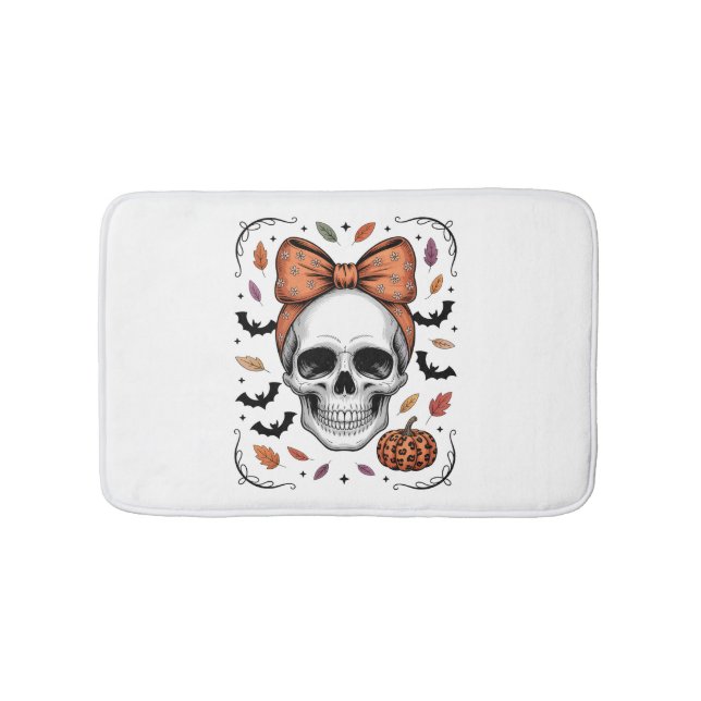 Cozy Fall Skull Coquette Bow, Autumn Bath Mat (Front)