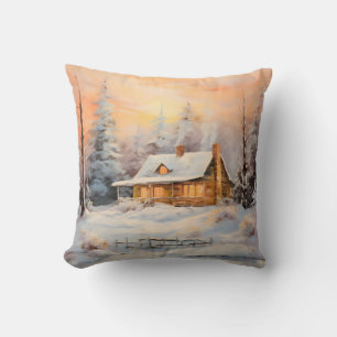 Cozy Farmhouse In a Snowy Landscape Painting Art Cushion