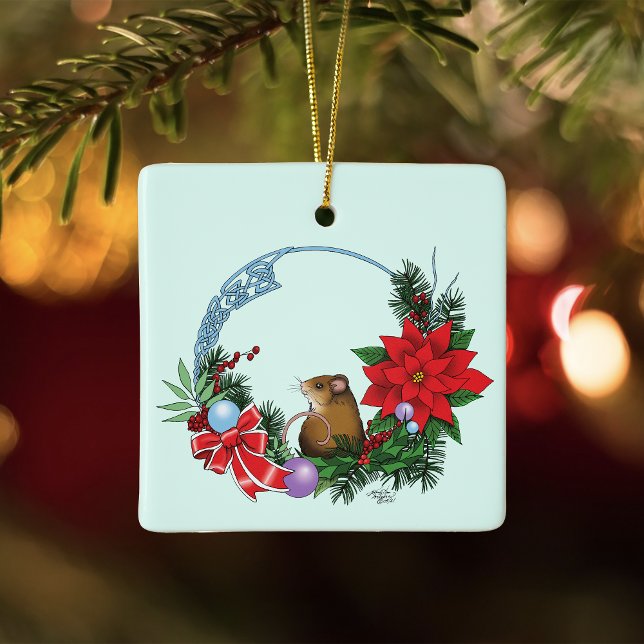 Cozy Festive Illustrative Christmas Mouse Wreath Ceramic Ornament (Creator Uploaded)