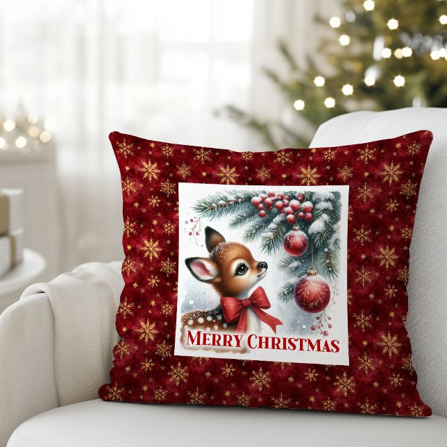 Cozy festive winter scene baby fawn snowy Christma Cushion (Cozy festive winter scene baby fawn snowy Christmas pillow)