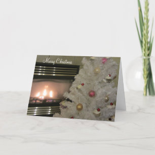 Cozy Fireplace and White Christmas Tree Holiday Card