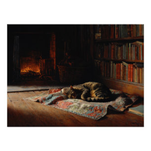 Cozy Fireplace Cat Library Scene Poster