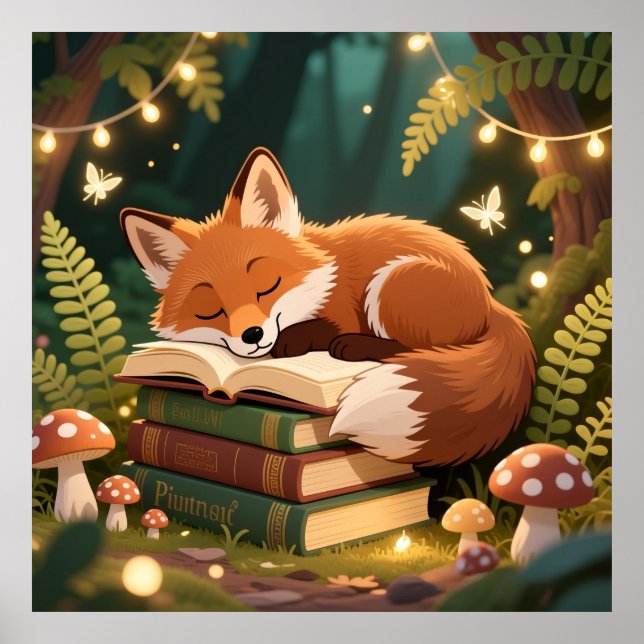 Cozy Fox Sleeping on Books Whimsical Forest Litera Poster (Front)