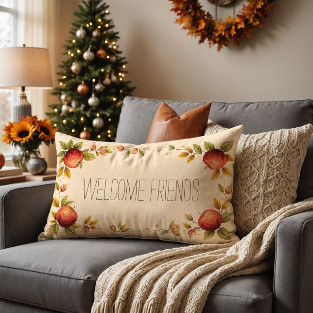 Cozy Friendsgiving Autumn Leaves Apples Warm Decor Lumbar Cushion (Cozy Friendsgiving pillow with autumn leaves, apples, and a customizable 'Welcome Friends' message.)