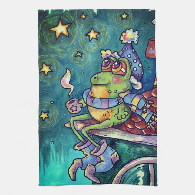 Cozy Frog Christmas & New Year Card Tea Towel (Vertical)