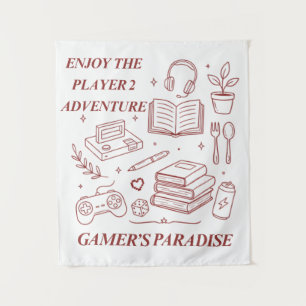 Cozy Gamer’s Paradise Adventure - Retro Line Art Tapestry
