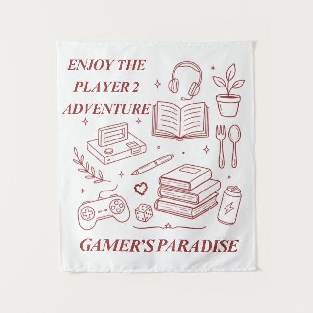 Cozy Gamer’s Paradise Adventure - Retro Line Art Tapestry (Front)