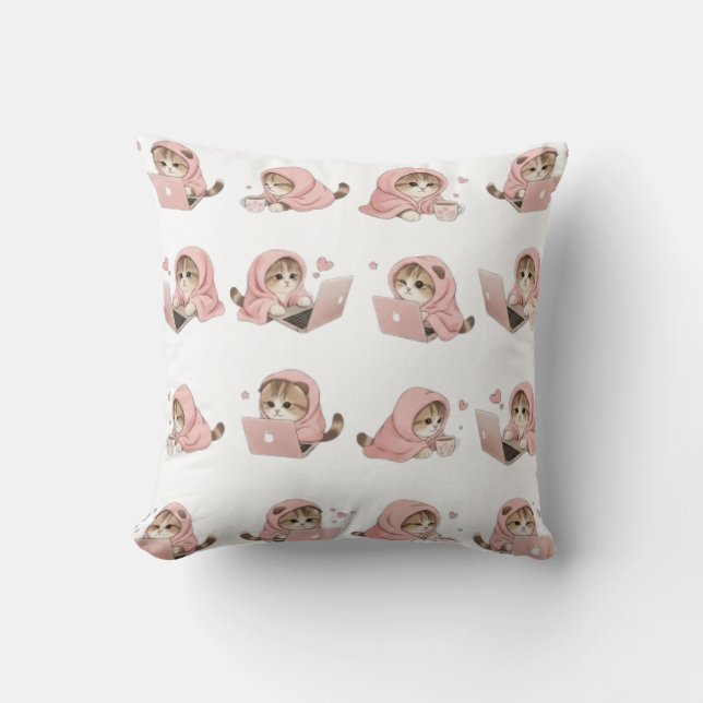 Cozy Gaming Cat Pattern - Aesthetic Pink Hoodie Ki Cushion (Front)
