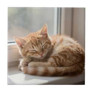 Cozy Ginger Cat Sunbathing Nap Ceramic Tile