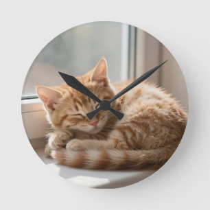 Cozy Ginger Cat Sunbathing Nap Round Clock
