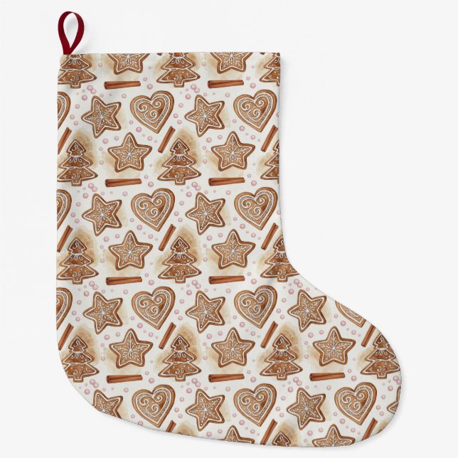 Cozy Gingerbread Cookie Seamless Pattern Large Christmas Stocking (Front)