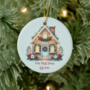 Cozy Gingerbread House Holiday Illustration Ceramic Ornament