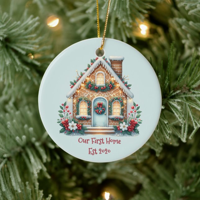 Cozy Gingerbread House Holiday Illustration Ceramic Ornament (Tree)