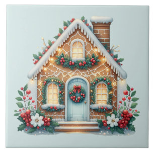 Cozy Gingerbread House Holiday Illustration Ceramic Tile