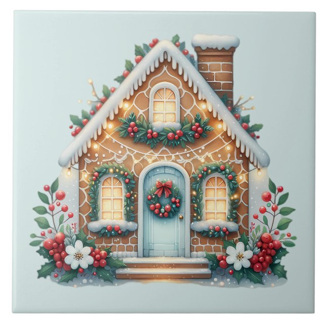 Cozy Gingerbread House Holiday Illustration Ceramic Tile (Front)