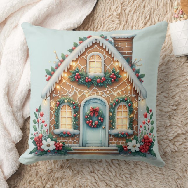 Cozy Gingerbread House Holiday Illustration Cushion (Blanket)
