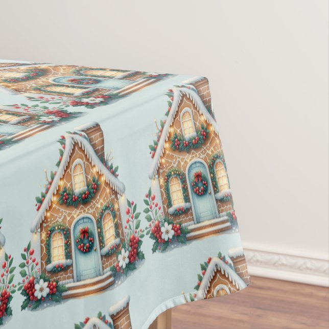 Cozy Gingerbread House Holiday Illustration Tablecloth (In Situ)