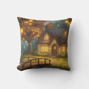 Cozy Glowing Cottage Forest Throw Pillow