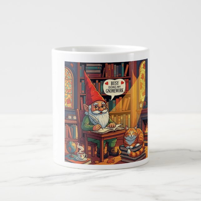 Cozy gnome doing his gnomework large coffee mug (Front)