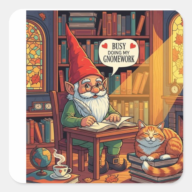 Cozy gnome doing his gnomework square sticker (Front)