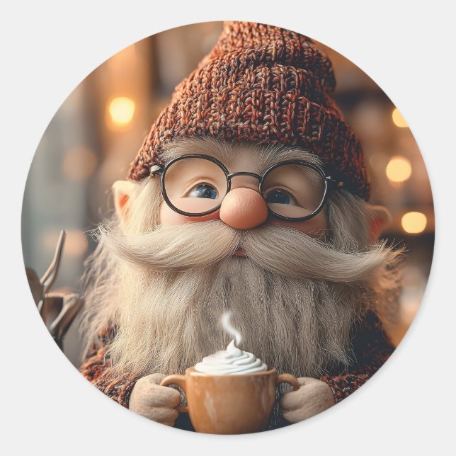 Cozy Gnome Enjoying a Cup of Hot Cocoa Classic Round Sticker (Front)