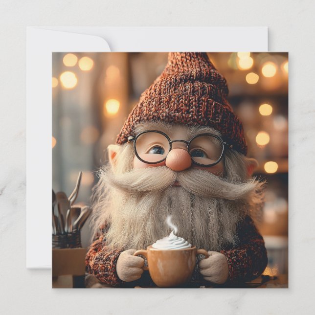 Cozy Gnome Enjoying a Cup of Hot Cocoa Holiday Card (Front)