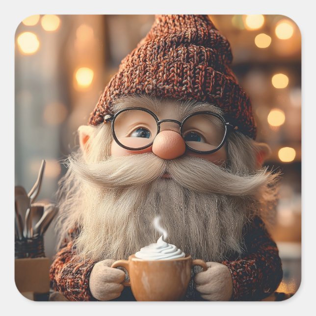 Cozy Gnome Enjoying a Cup of Hot Cocoa Square Sticker (Front)