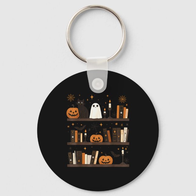 Cozy Halloween Bookshelf Ghost Pumpkin Bookish Boo Key Ring (Front)