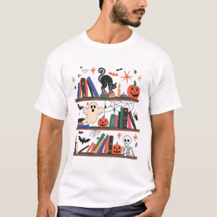 Cozy Halloween Bookshelf Read Book Ghost Pumpkin F T-Shirt