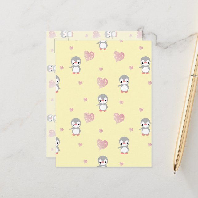 Cozy Heart Warming Penguin Postcard (Front/Back In Situ)