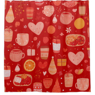 Cozy Holiday Mugs and Gifts Red Pattern Shower Curtain