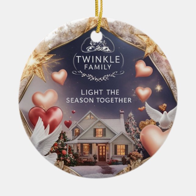 Cozy Home Twinkle Family Light the Season Together Ceramic Ornament (Front)