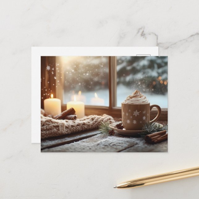 Cozy Hot Chocolate with Cream and Candles Winter  Postcard (Front/Back In Situ)