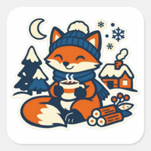Cozy Kawaii Fox Drinking Cocoa in the Snow Square Sticker