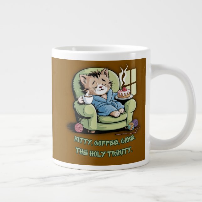 Cozy Kitten with Coffee and Cake – Funny Cat Large Coffee Mug (Right)