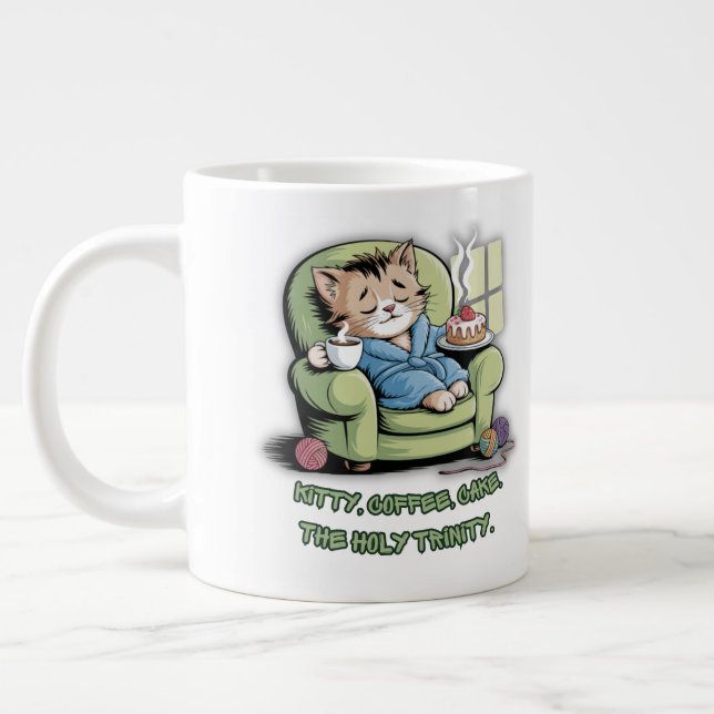 Cozy Kitten with Coffee and Cake – Funny Cat Large Coffee Mug (Left)