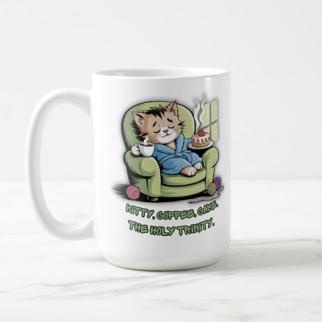 Cozy Kitten with Coffee and Cake – Funny Cat Mug (Left)
