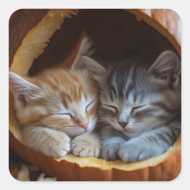 Cozy Kittens Snuggle in a Pumpkin Square Sticker (Front)