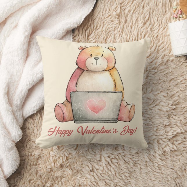 Cozy Laptop Bear Valentine`s Day Cushion (Blanket)
