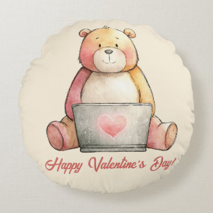 Cozy Laptop Bear Valentines Design Round Cushion