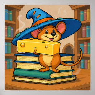 Cozy Library Scene: Humorous Mirthful Mouse Poster